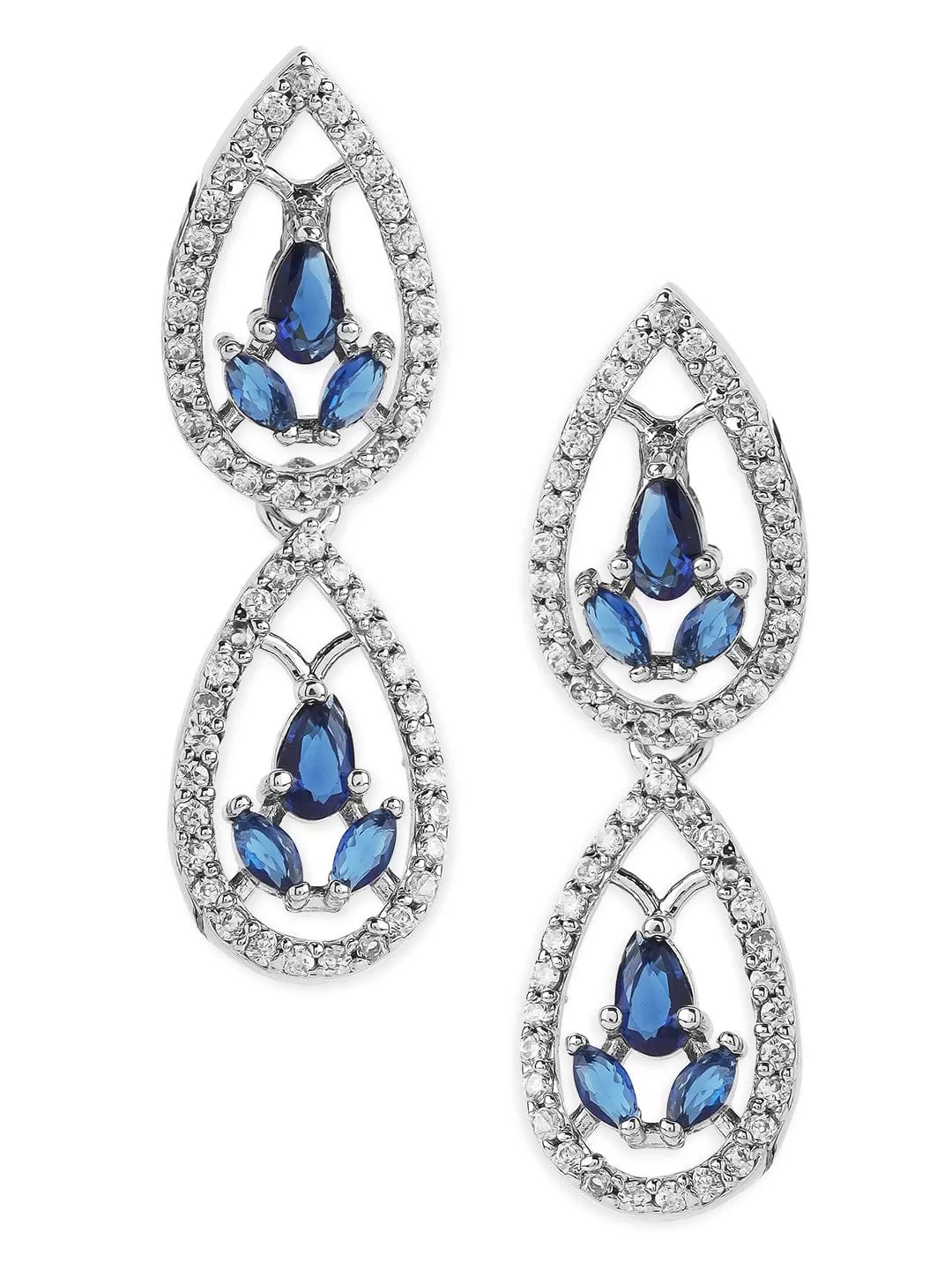 Rubans Silver Plated Handcrafted Blue AD Studded Drop Earrings