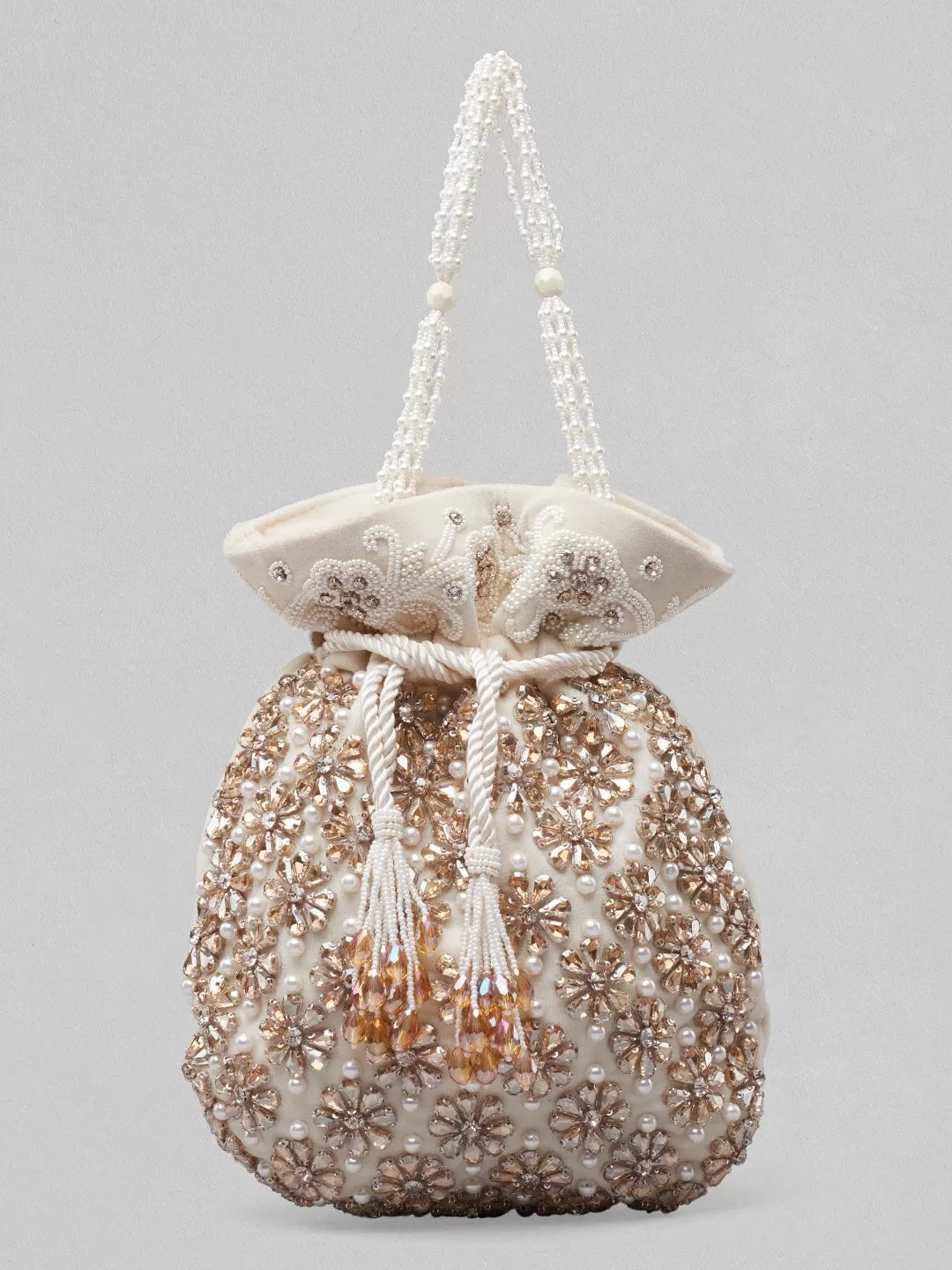 Rubans White And Golden Coloured Potli Bag With Embroided Design And Pearls.