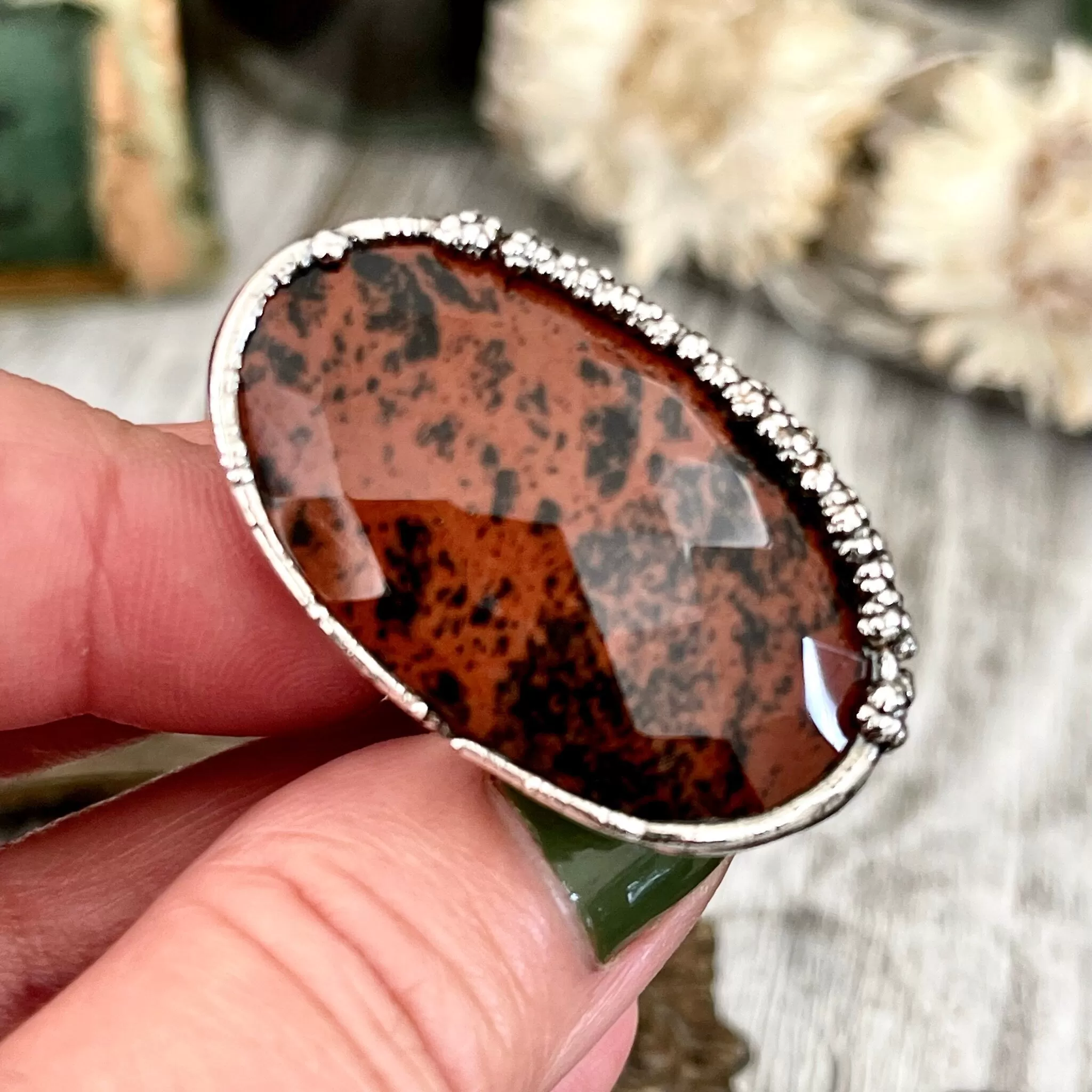 Size 7.5 Mahogany Obsidian Statement Ring in Fine Silver / Foxlark Collection - One of a Kind /