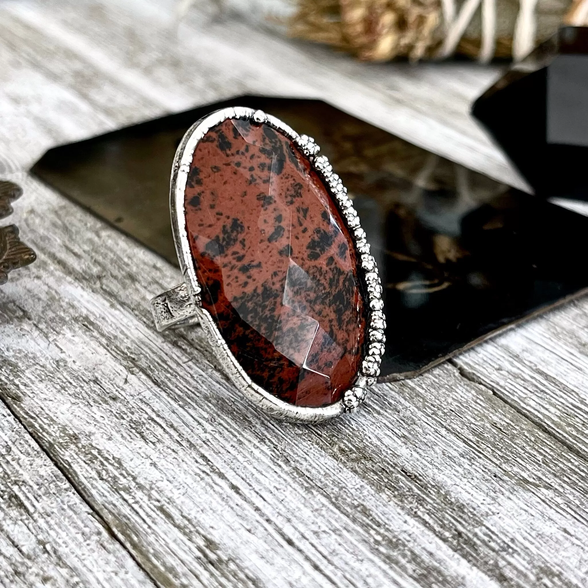 Size 7.5 Mahogany Obsidian Statement Ring in Fine Silver / Foxlark Collection - One of a Kind /