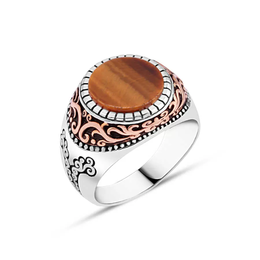 Small Circle Tiger Eye Stone Silver Men's Ring with Wavy Top Pattern