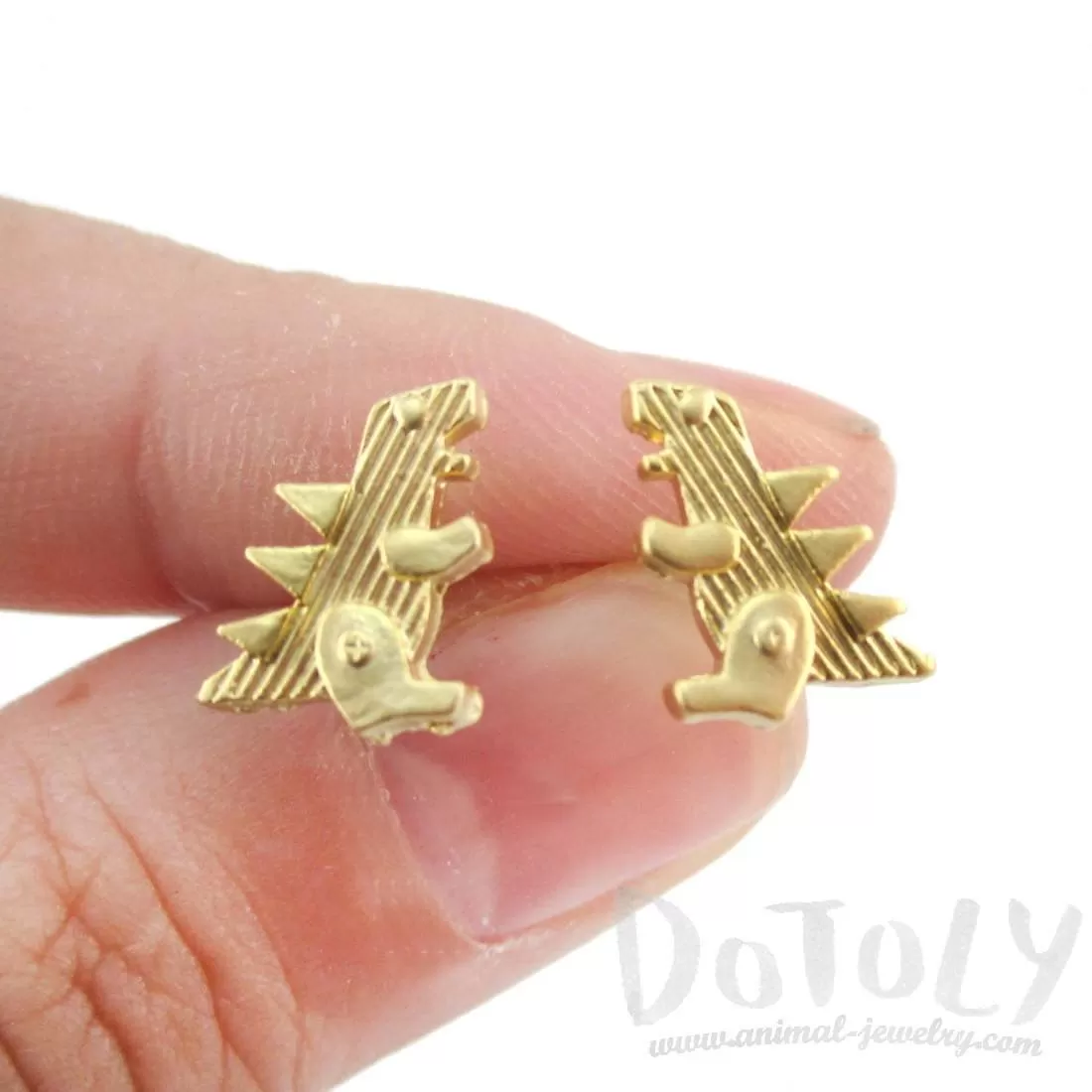 Small Godzilla Shaped Dinosaur Stud Earrings in Gold | DOTOLY