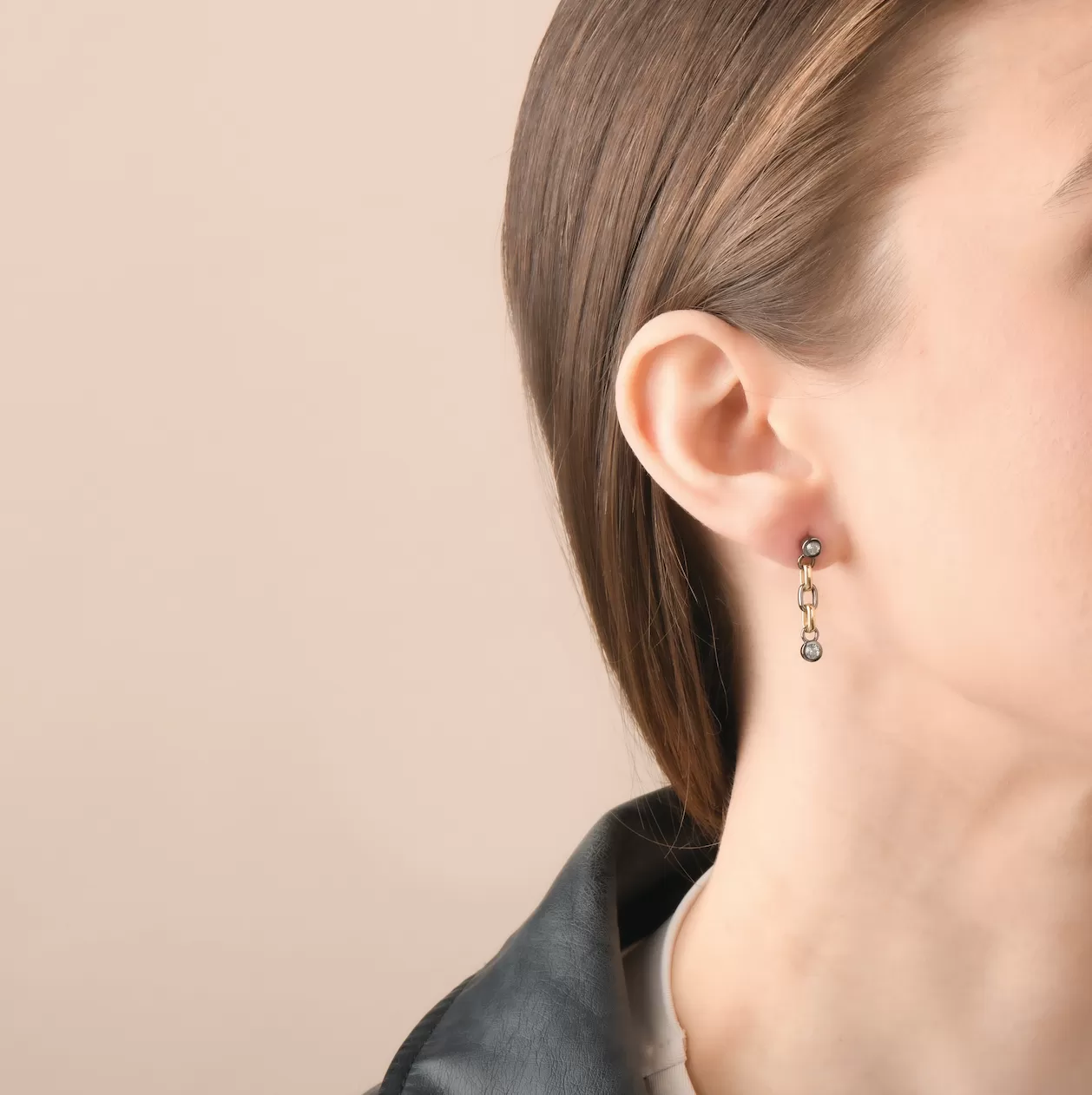 Solid Gold and Black Silver White Sapphire Short Chain Earrings