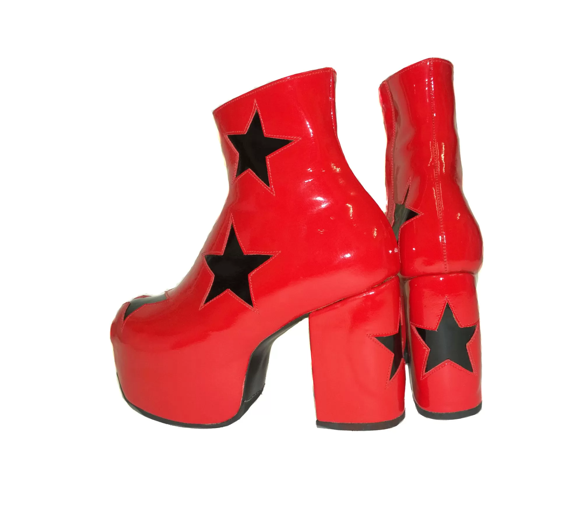 STARDUST Platform Ankle Boots - Red Patent Leather with Black Stars