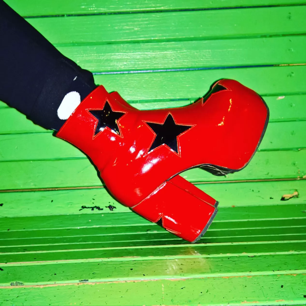 STARDUST Platform Ankle Boots - Red Patent Leather with Black Stars