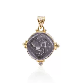 STEVEN BATTELLE 18K YELLOW GOLD FRAMED ANCIENT COIN PENDANT WITH BEZEL-SET DIAMOND