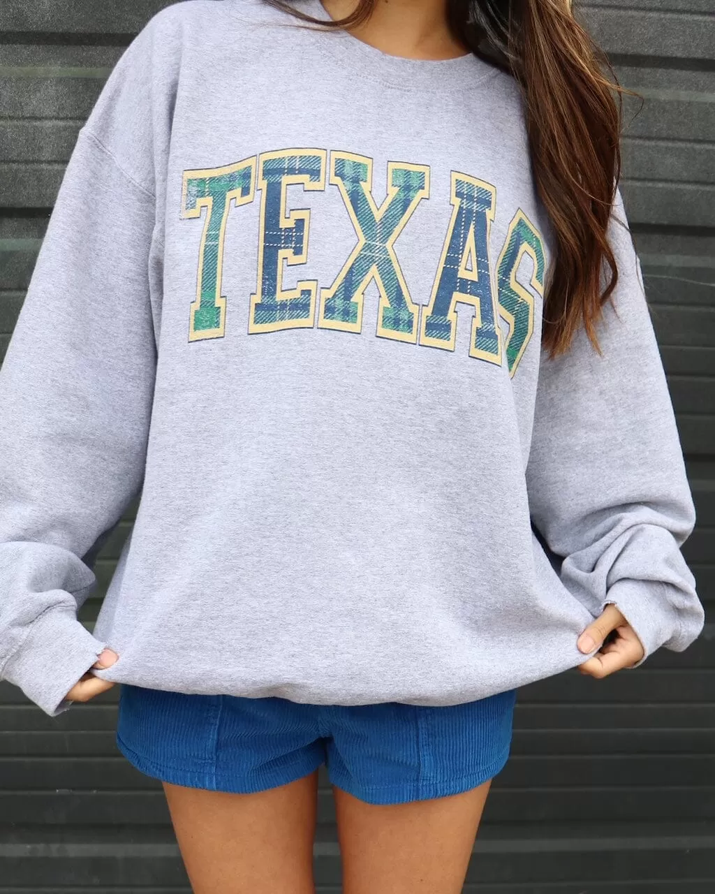 Texas Plaid Arch (Gold Outline) Gray Thrifted Sweatshirt