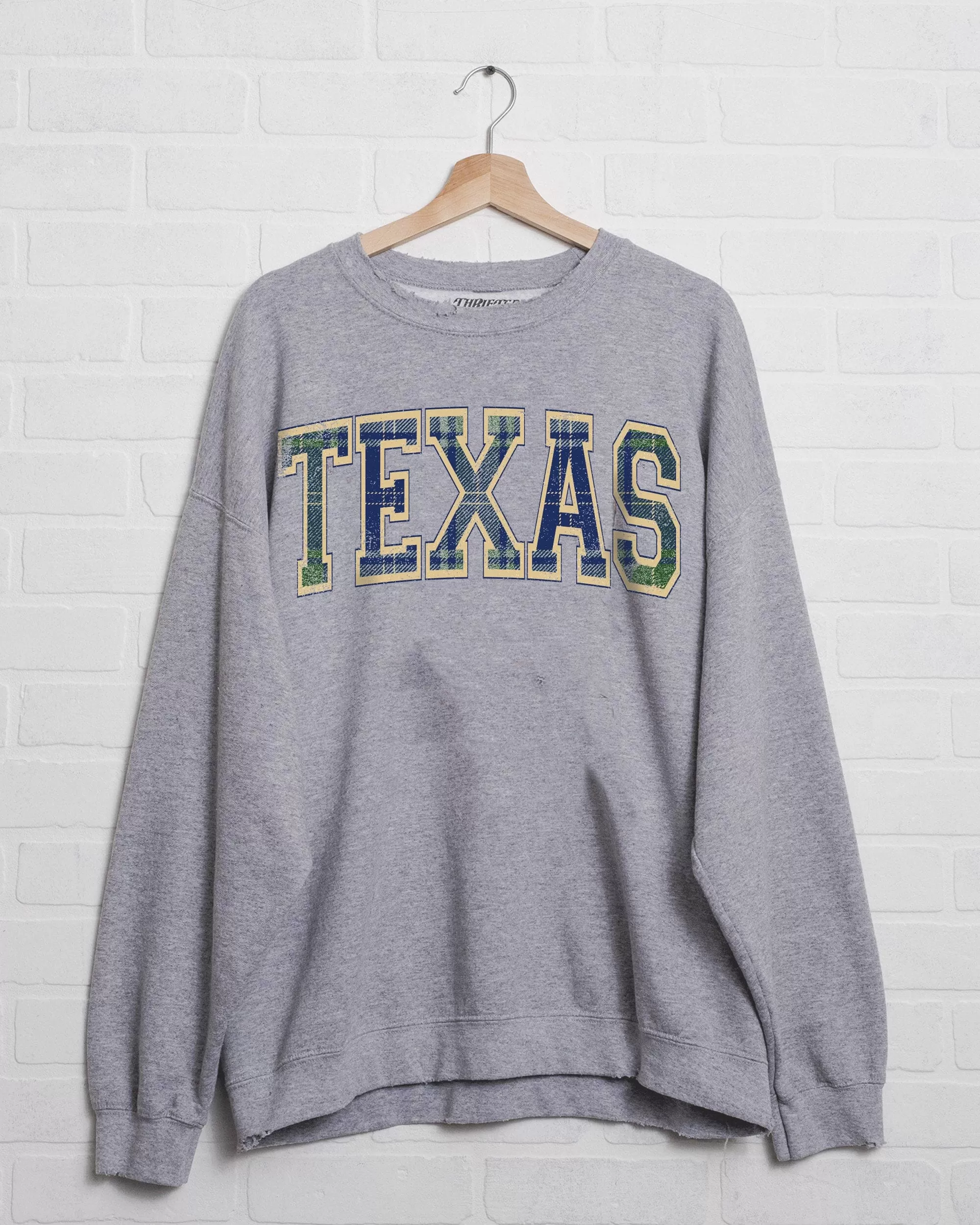 Texas Plaid Arch (Gold Outline) Gray Thrifted Sweatshirt