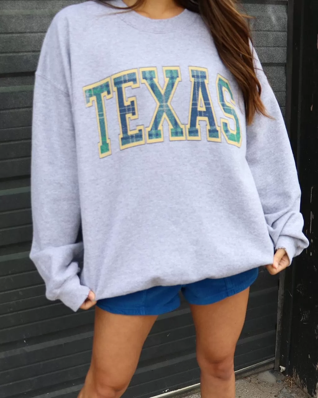 Texas Plaid Arch (Gold Outline) Gray Thrifted Sweatshirt