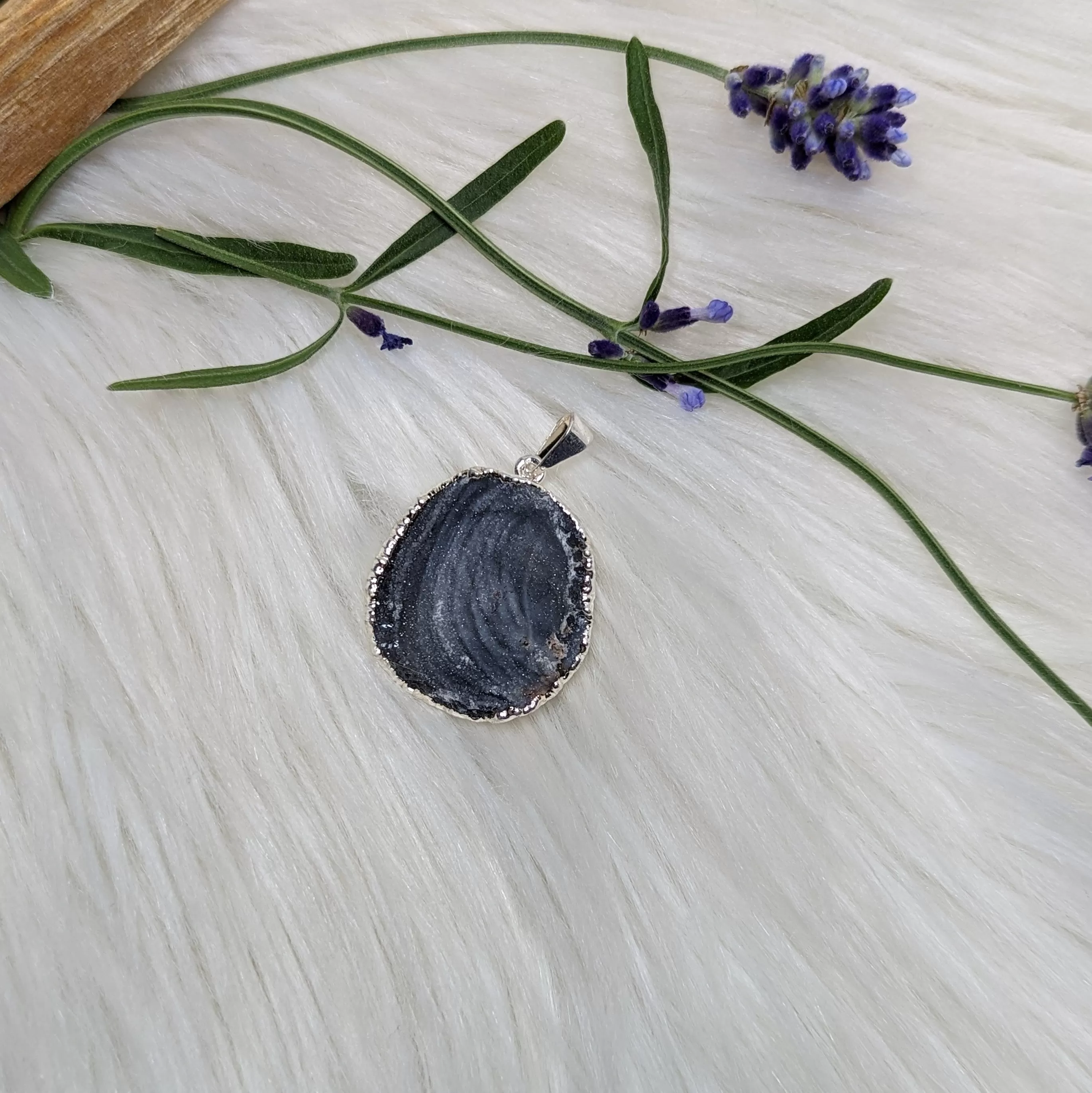 UNIQUE  Blue Agate Druzy - Sterling Silver Pendant (Includes Silver Chain)