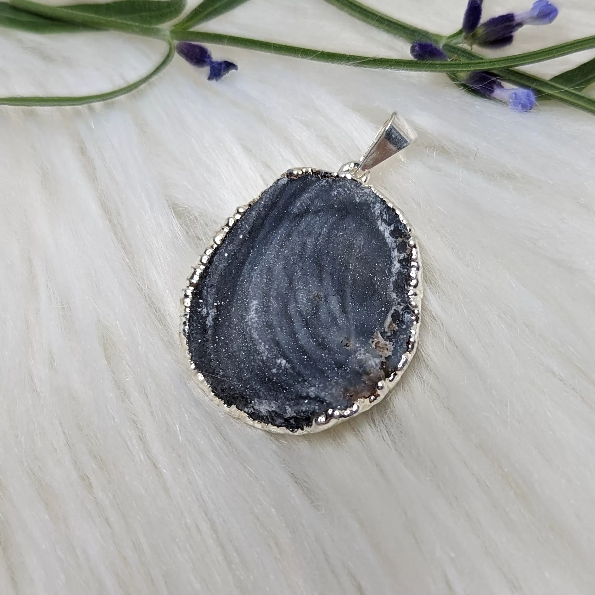 UNIQUE  Blue Agate Druzy - Sterling Silver Pendant (Includes Silver Chain)