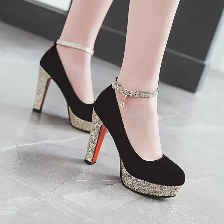 Women's Almond Toe Sequins Ankle Strap Chunky Heels High Heel Platform Pumps