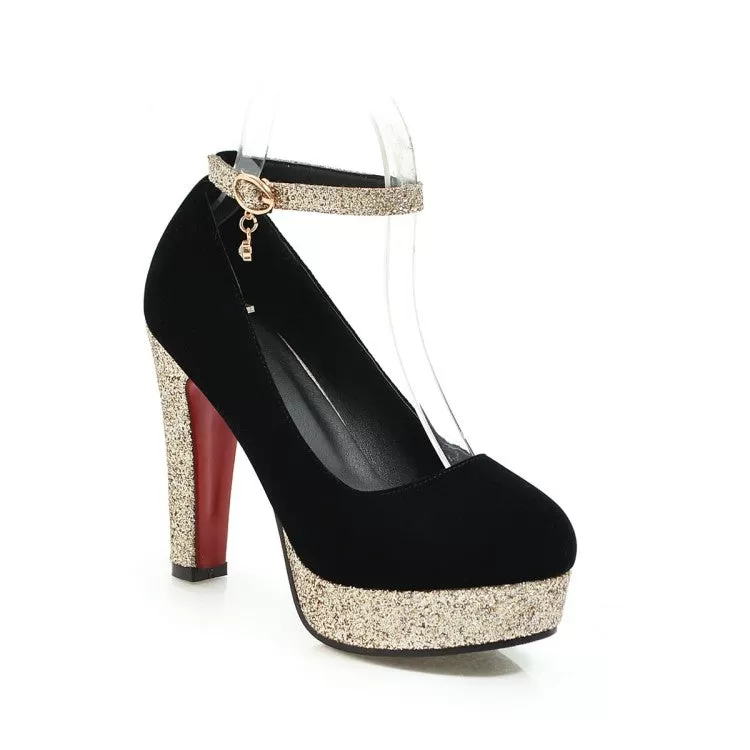 Women's Almond Toe Sequins Ankle Strap Chunky Heels High Heel Platform Pumps