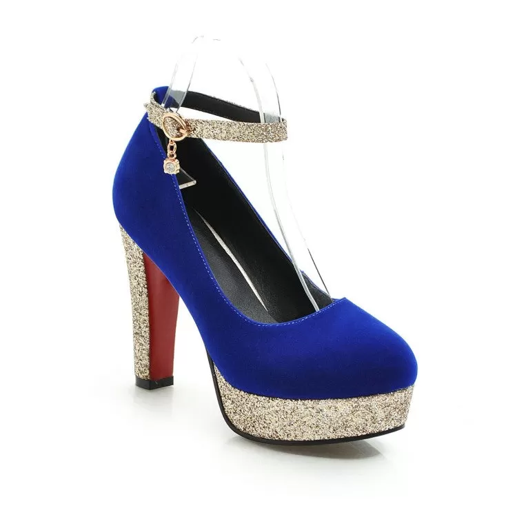 Women's Almond Toe Sequins Ankle Strap Chunky Heels High Heel Platform Pumps