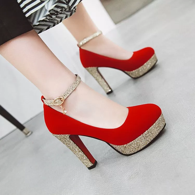 Women's Almond Toe Sequins Ankle Strap Chunky Heels High Heel Platform Pumps