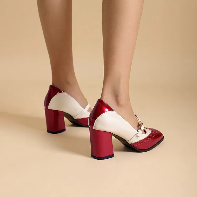 Women's Color Block Square Toe Block Heels Mary Jane Pumps