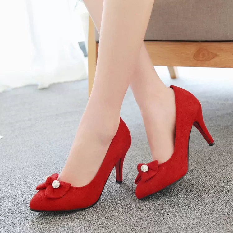 Women's Flock Pointed Toe Rhinestone Bow Tie Stiletto Heel Pumps