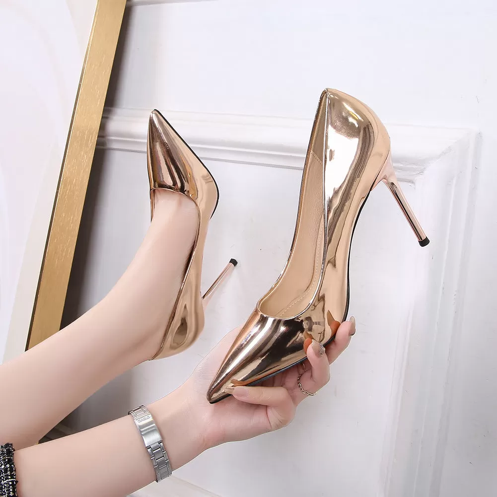 Women's Glittery Patent Pointed Toe Shallow Stiletto Heel Pumps