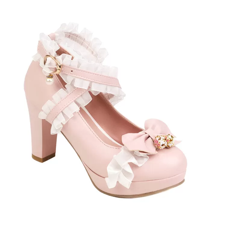 Women's Lace Bow Tie Pearls Chunky Heel Platform Pumps