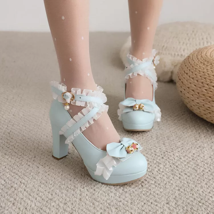 Women's Lace Bow Tie Pearls Chunky Heel Platform Pumps