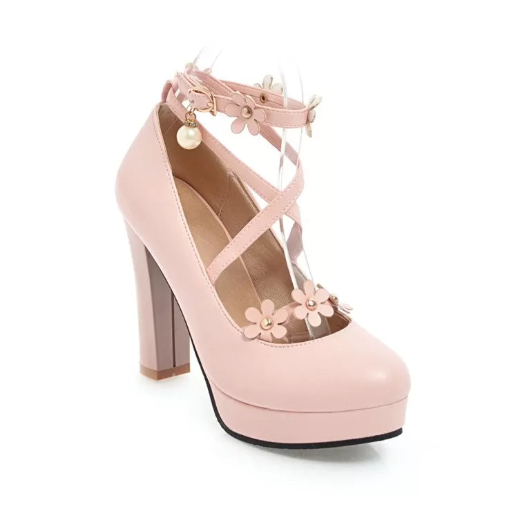 Women's Strapply Flower High Heel Chunky Heels Platform Pumps