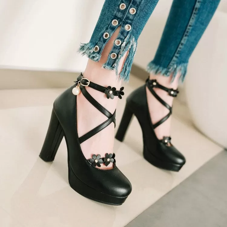 Women's Strapply Flower High Heel Chunky Heels Platform Pumps