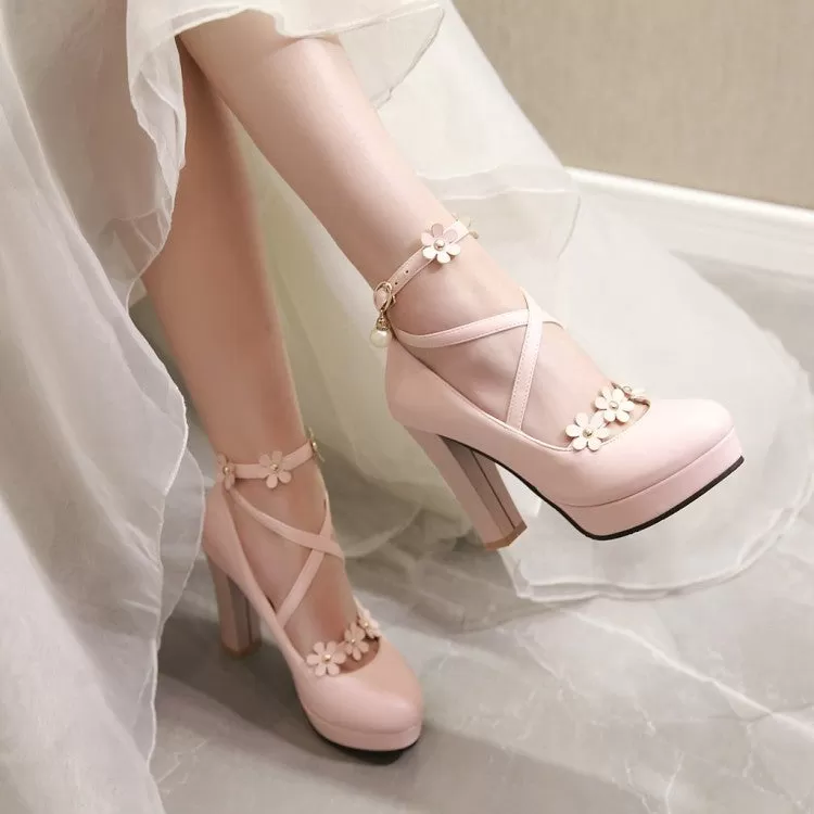 Women's Strapply Flower High Heel Chunky Heels Platform Pumps