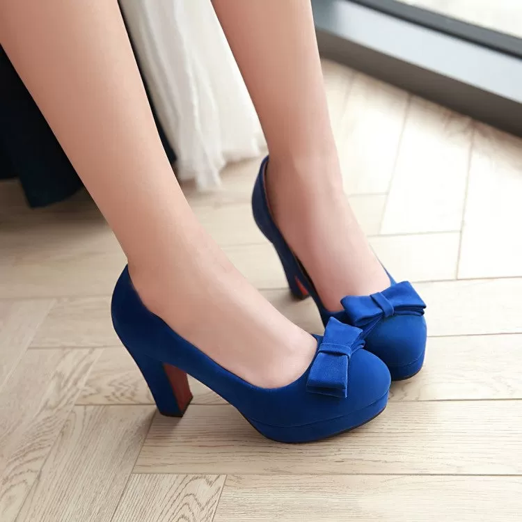 Women's Suede Almond Toe Butterfly Knot Chunky Heels High Heel Platform Pumps