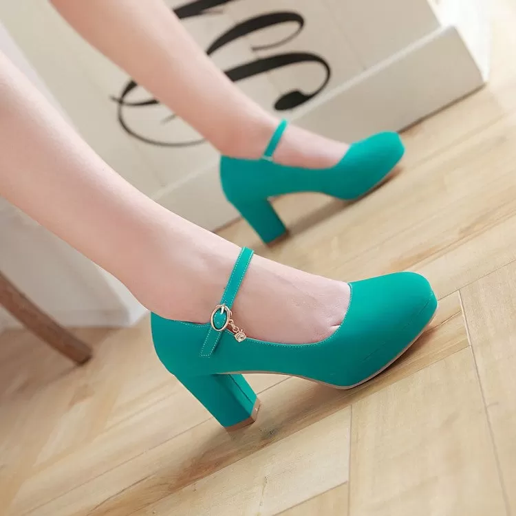 Women's Suede Round Toe Mary Jane Block Heels High Heel Platform Pumps