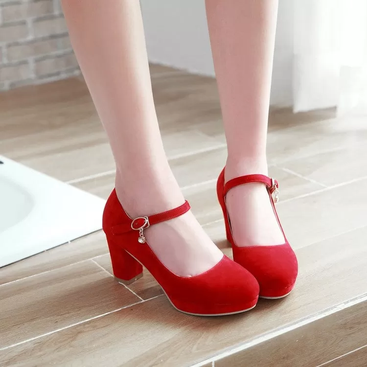 Women's Suede Round Toe Mary Jane Block Heels High Heel Platform Pumps