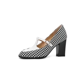 Women's T Strap Plaid Block Heels